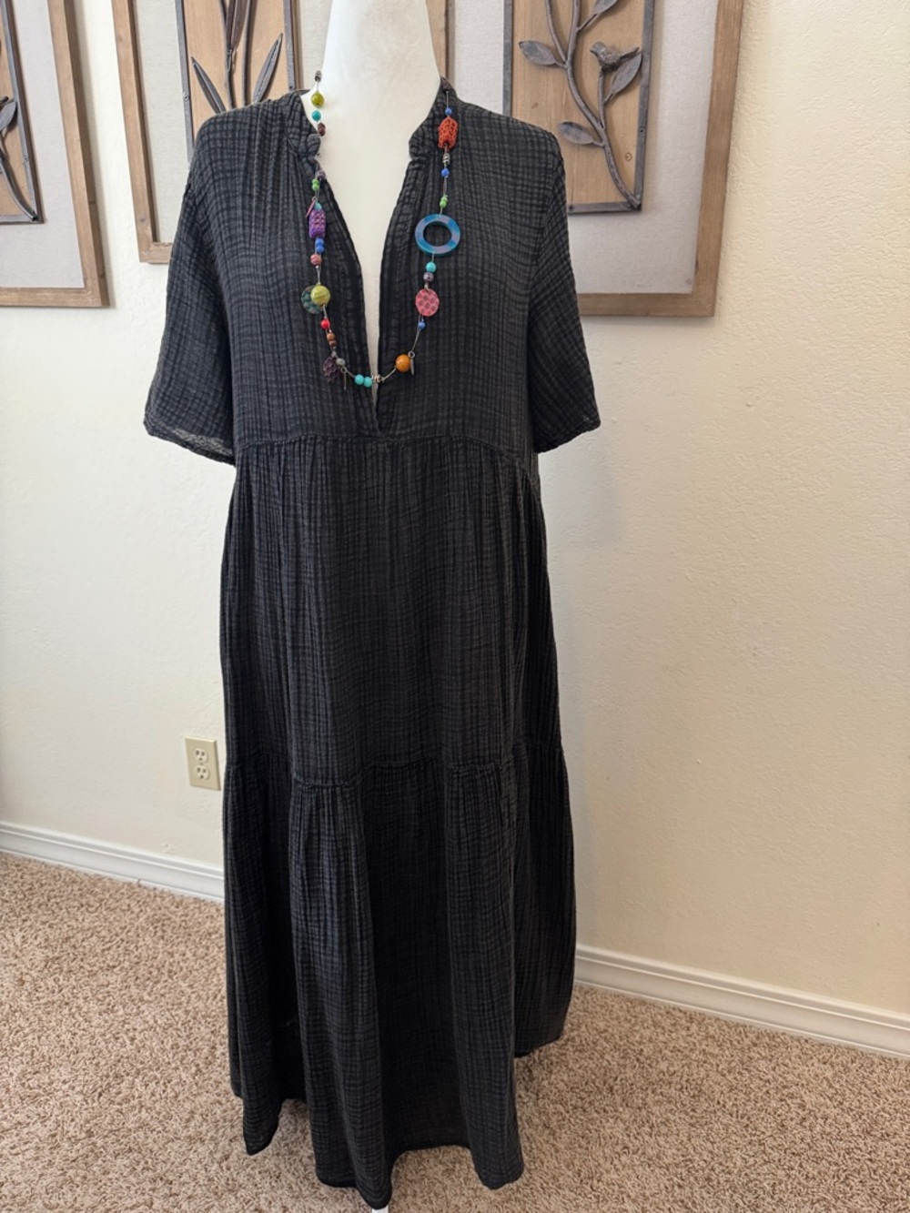 Anthropologie L Black Waffle Textured Maxi Dress Bathing Suit Cover Lounge Wear